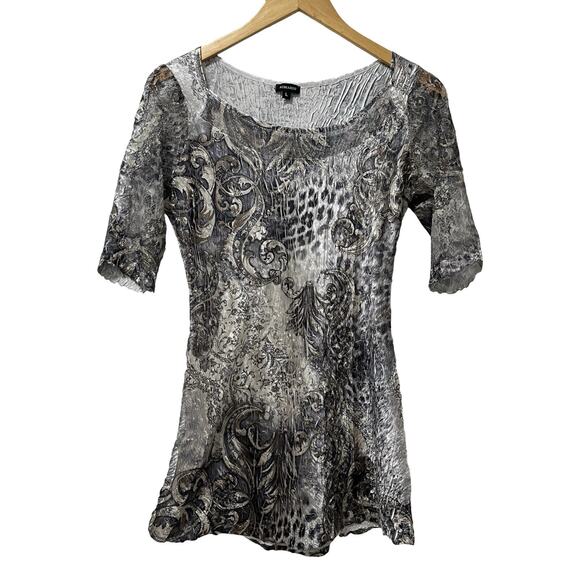 Komarov Crinkle Abstract Print Satin Blouse Size L Gray Fairy Grunge Artsy - Picture 1 of 8